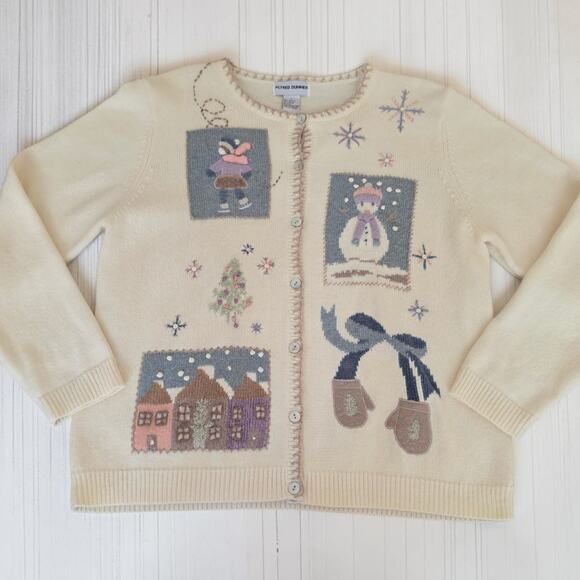 Alfred Dunner Sweaters - Alfred Dunner Vintage Large Winter Snowman Christmas Cream Cardigan Sweater
